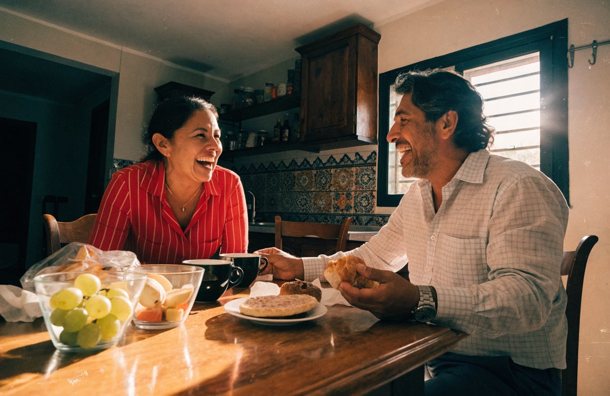Pareja desayunando con energ&iacute;a por la ma&ntilde;ana