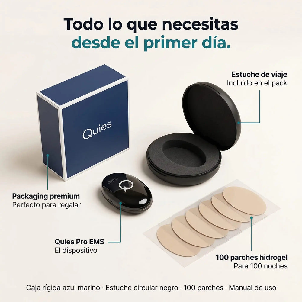 Contenido del pack Quies: dispositivo, estuche y parches para 100 noches